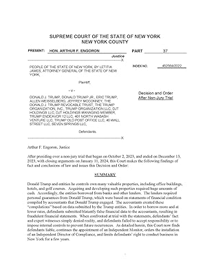 SUPREME COURT OF THE STATE OF NEW YORK NEW YORK
COUNTY V. DONALD J. TRUMP, DONALD TRUMP JR., ERIC TRUMP,
ALLEN WEISSELBERG